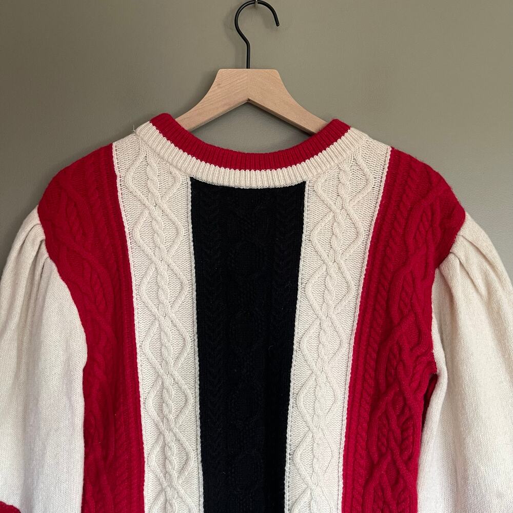 CLAUDIE PIERLOT Mixity Pullover Sweater Size Medium Red Black Cream Puff Sleeves - Picture 16 of 16